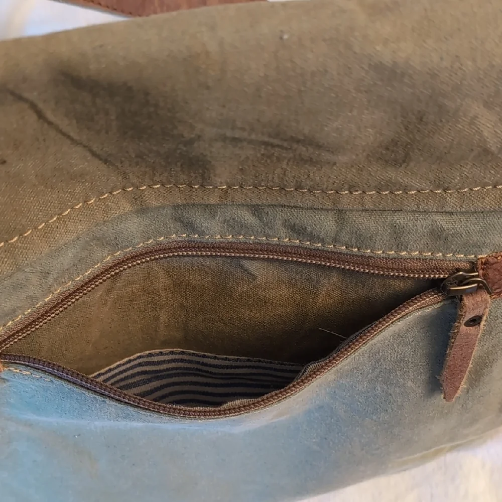 Olive Green Canvas Messenger Bag with Brown Trim and Air Mail Print